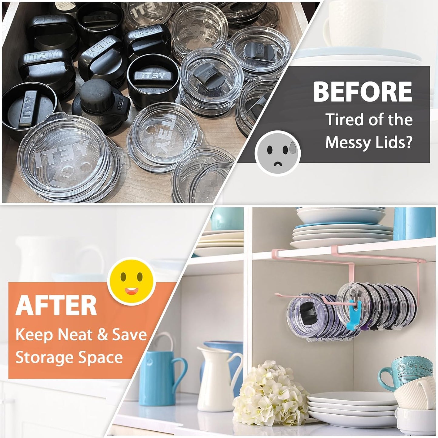 Tumbler Lid Organizer, Versatile Tumbler Lid Storage Holds 10 Lids, Black | Space Saving Cup Lid Organizers Inside Cabinet Tumbler Lid Hook for Kitchen Organizer and Storage, Paper Towel Rack Hanger