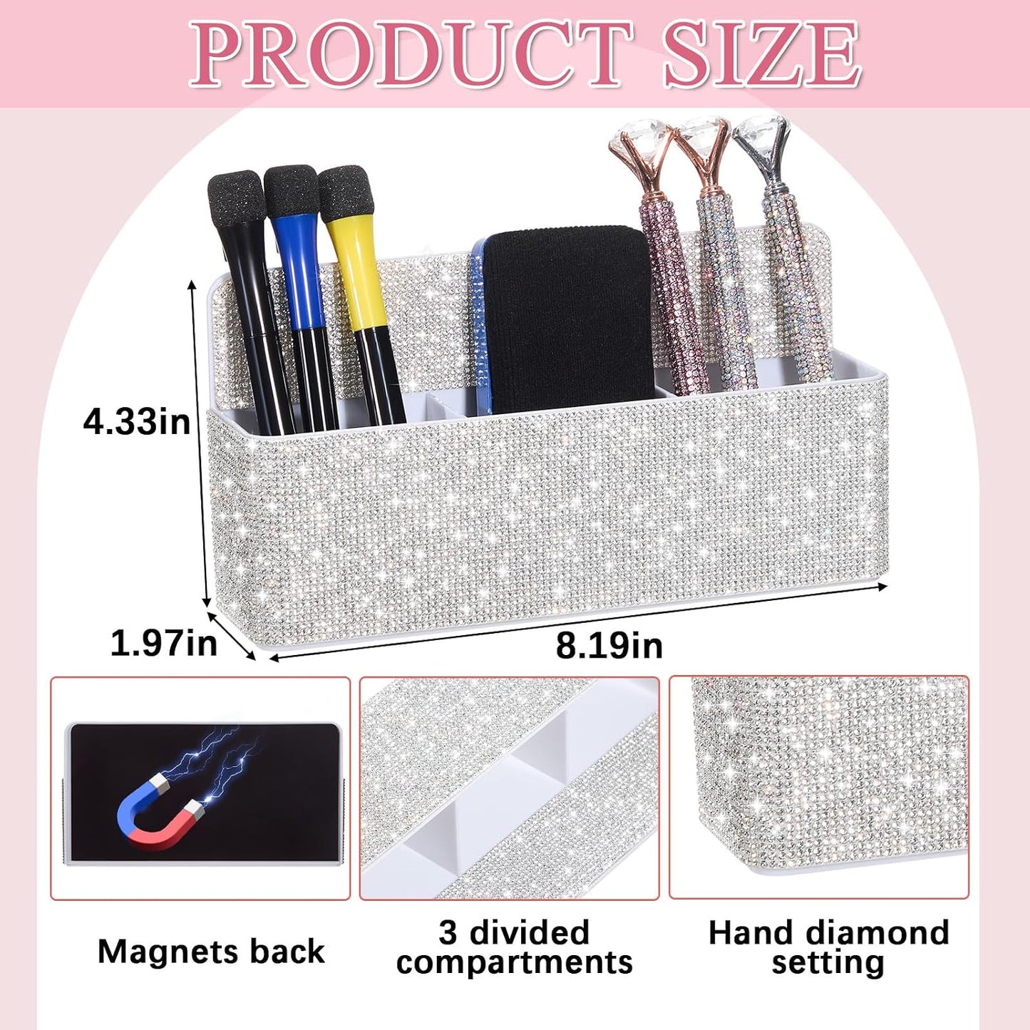 MotiMind Purple Locker Accessories for Girls, Bling Magnetic Pen Holder for Refrigerator, Back to School Rhinestone Marker Holder for Locker, Sparkly Gift for Student (Medium,Rhinestone)