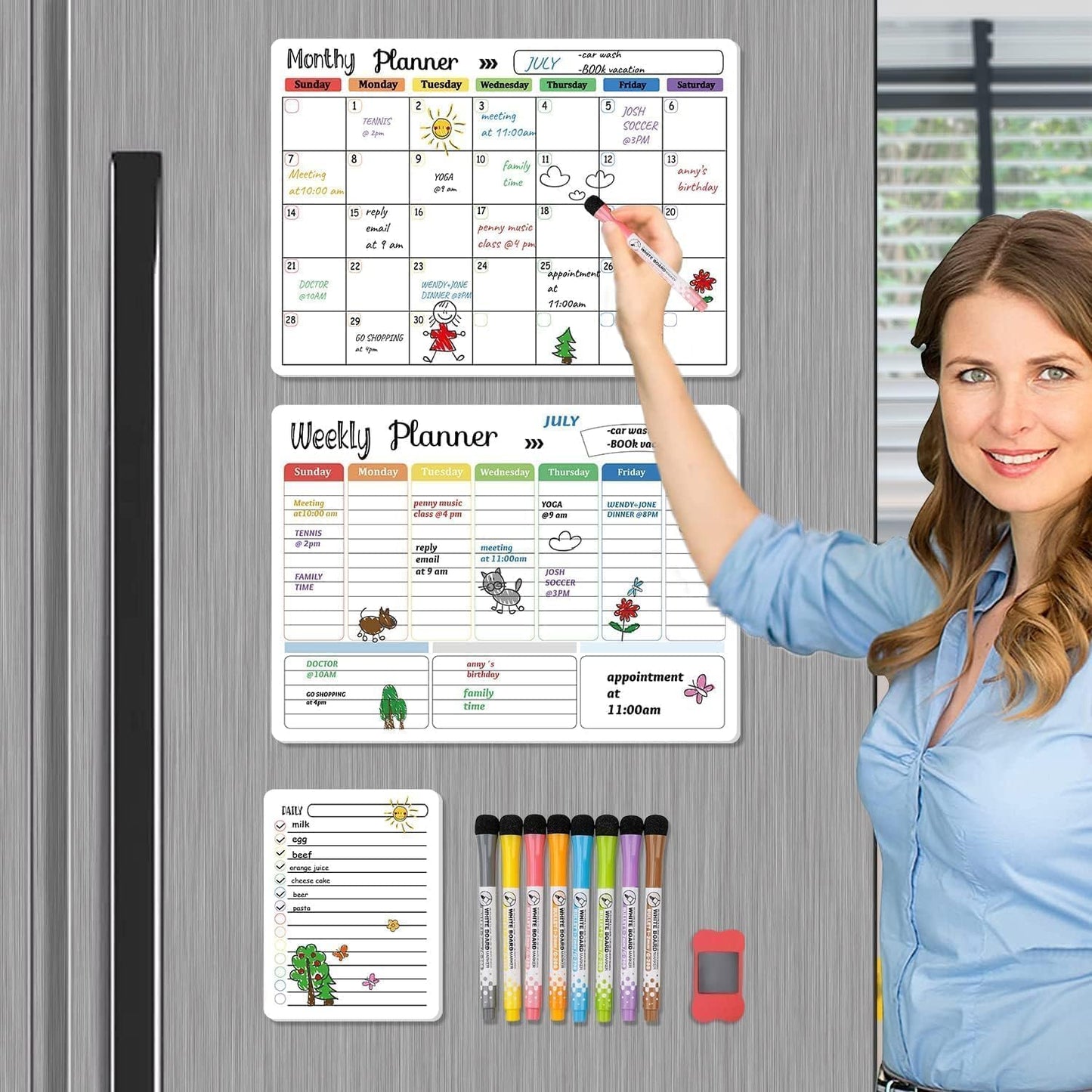 Hivillexun Magnetic Dry Erase Calendar Whiteboard Set (4-Pack) for Home and Kitchen, with Monthly and Weekly Views (16.5” x 11.8”), Magnetic Whiteboard and Daily Planners (12” x 8”) 8 Markers & Eraser