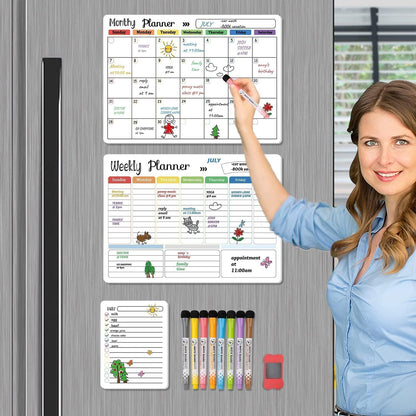 Hivillexun Magnetic Dry Erase Calendar Whiteboard Set (4-Pack) for Home and Kitchen, with Monthly and Weekly Views (16.5” x 11.8”), Magnetic Whiteboard and Daily Planners (12” x 8”) 8 Markers & Eraser