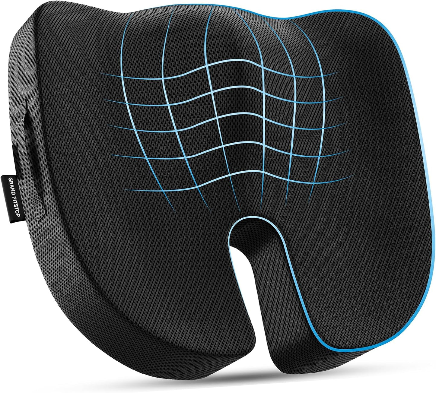 GRAND PITSTOP Memory Foam Seat Cushion for Office Chair Car & Home Orthopedic Tailbone & Sciatica Pain Relief Pad Ergonomic U-Shaped Design with Cooling Foam, Non Slip Base & Washable Cover