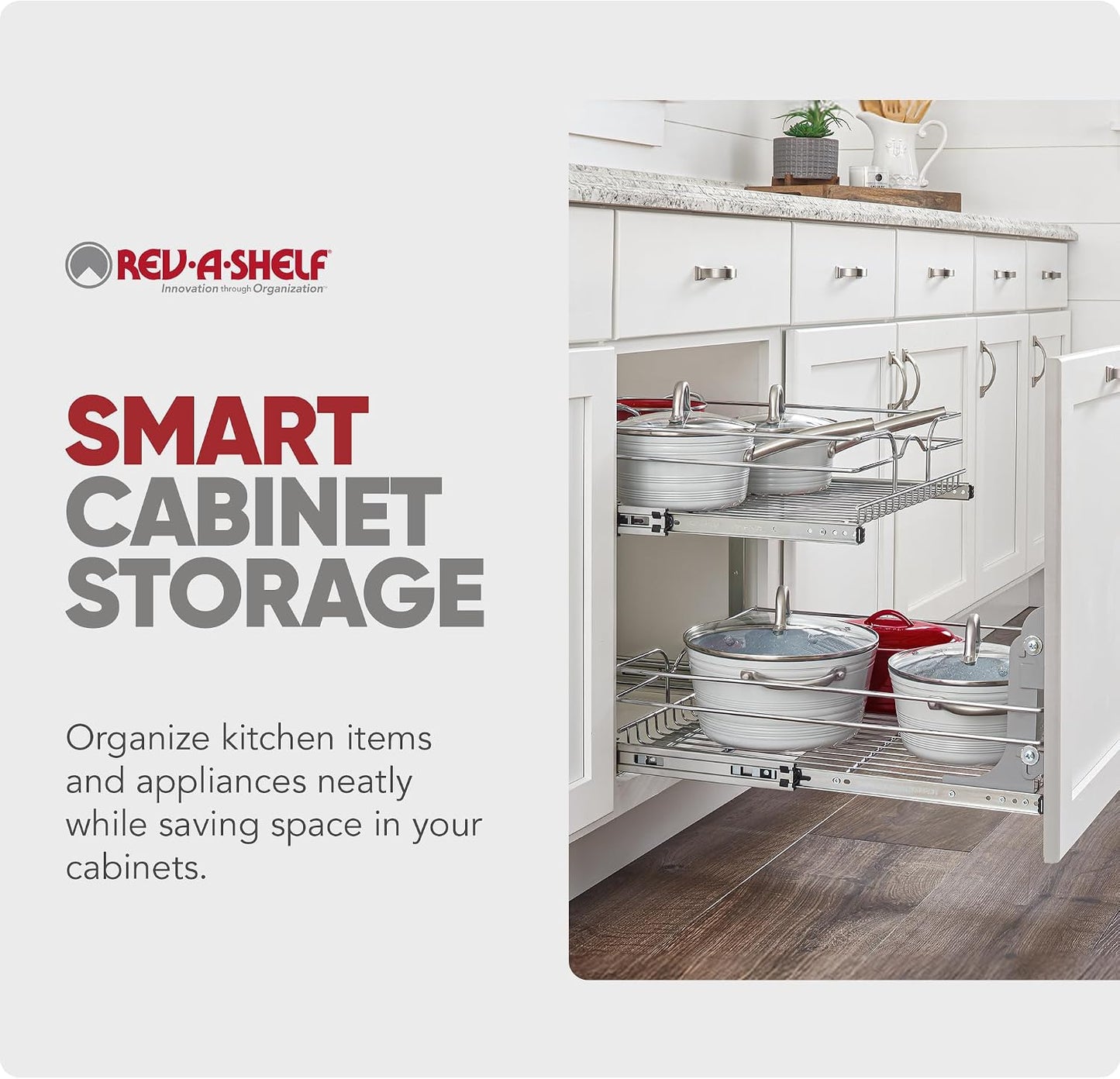 Rev-A-Shelf Pullout Organizer for Cabinets, Min Opening Width of 18" | STwo-Tier Steel Shelf for Kitchen or Vanity Cabinet Organization, Heavy Gauge Wire Slide Out Storage Basket, 5WB2-1822CR-1