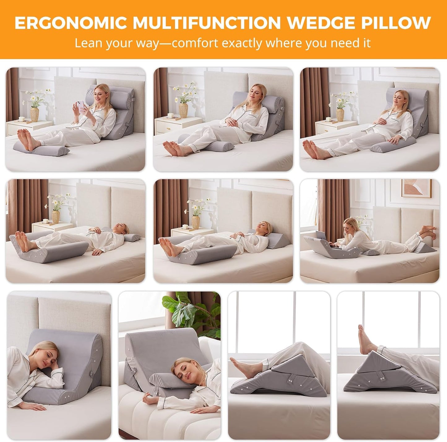 Ruqmuis 3PCS Wedge Pillow Set for After Surgery, Adjustable Back Pillow for Bed Sitting up, Acid Reflux, Bed Wedge Pillow Headboard for Sleeping & Snoring, Orthopedic Pillow for Post Surgery, White