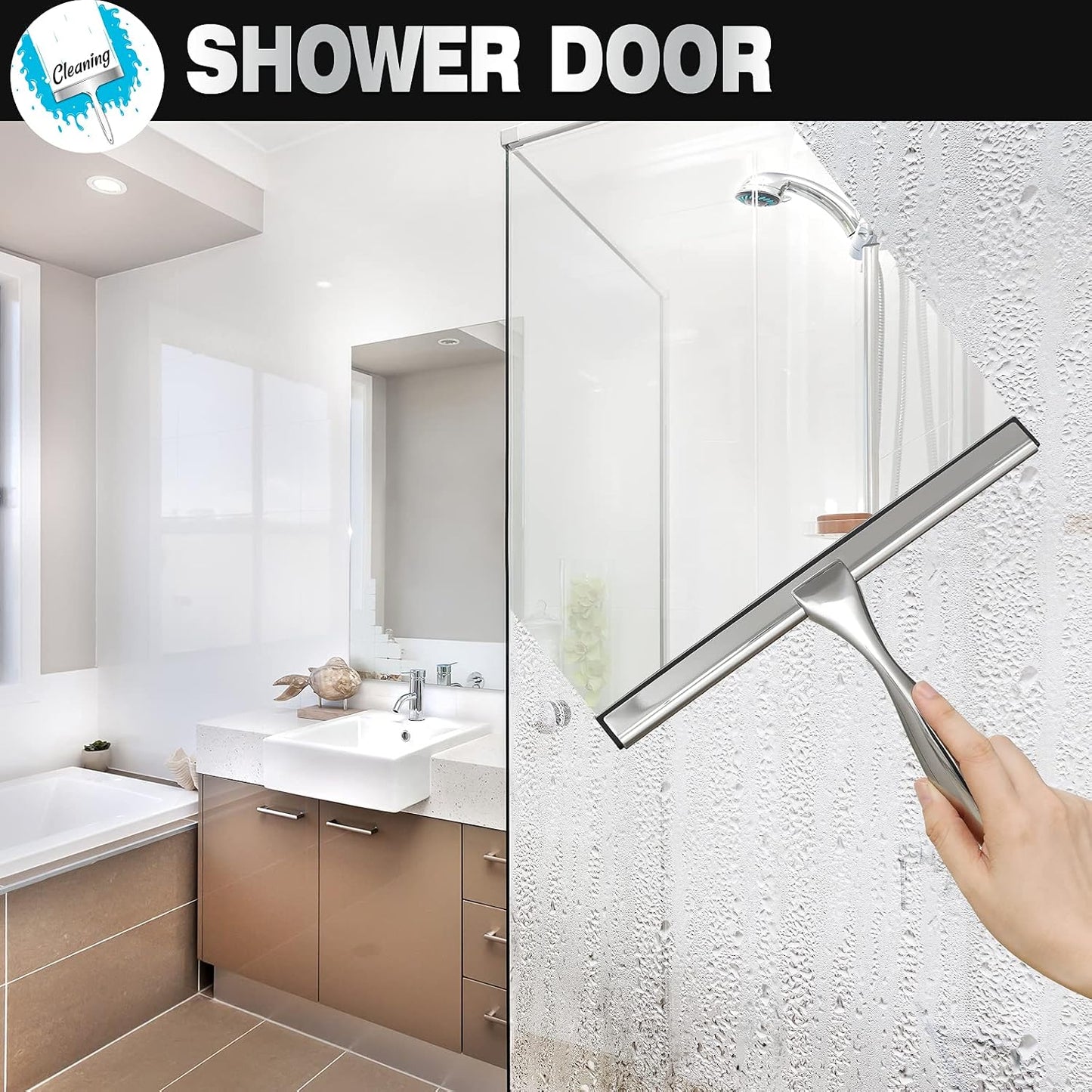 Shower Squeegee, 10-Inch Matte Black Squeegee, All-Purpose Stainless Steel Squeegee for Bathroom, Shower Doors, Mirrors, Tiles and Car Windows - 100% Streak Free