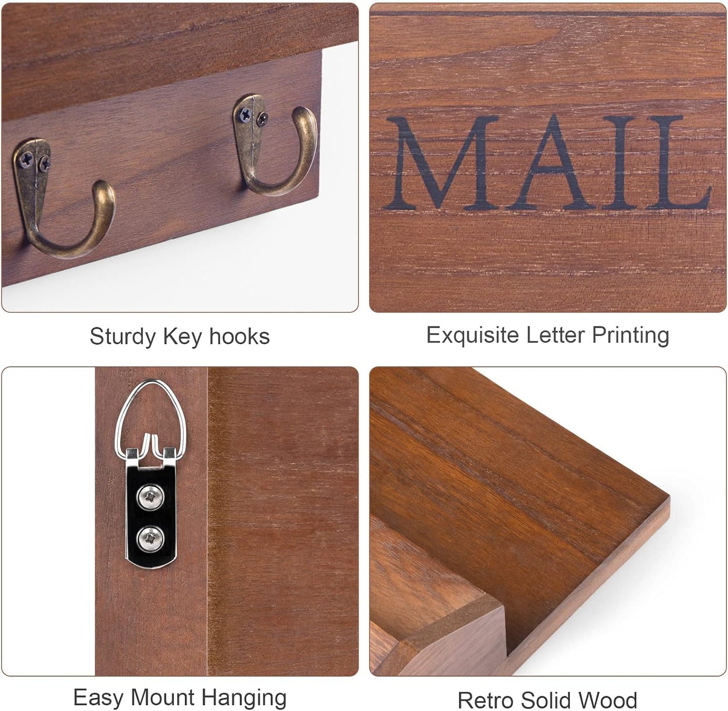 DLQuarts Solid Wood Mail Organizer with Key Holder for Wall, Mail Sorter Wall Mounted, Decorative Wooden Key and Mail Holder with 3 Hooks, White