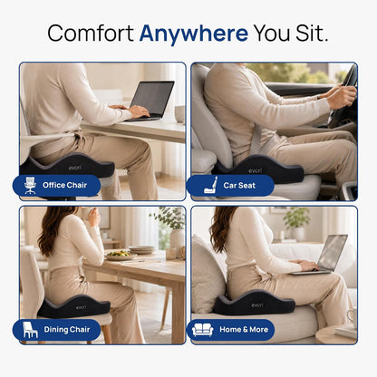 evori Comfort Cushion, Memory Foam Tailbone Seat Cushion for Office Chair | Contoured nonslip coccyx cutout pad for posture and lower back support, machine washable cover, desk, car and gaming chairs
