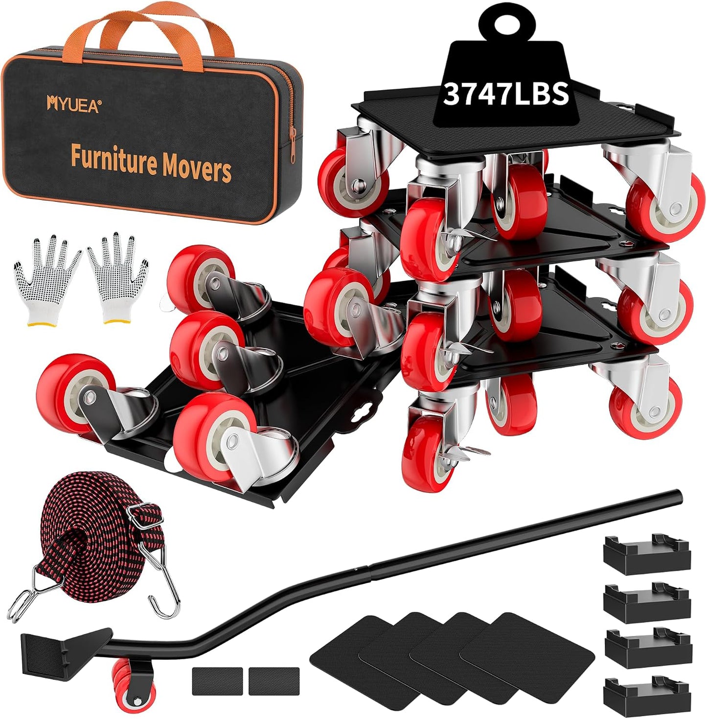 MYUEA Furniture Dolly,Furniture Movers with 5 Wheels,Carbon Steel Panel Heavy Duty Dolly,Maximum Load 3474 LBS,Furniture Lifter with 5 360° Rotatable Rubber Universal Wheels(Silver,6.89x6.9 in)