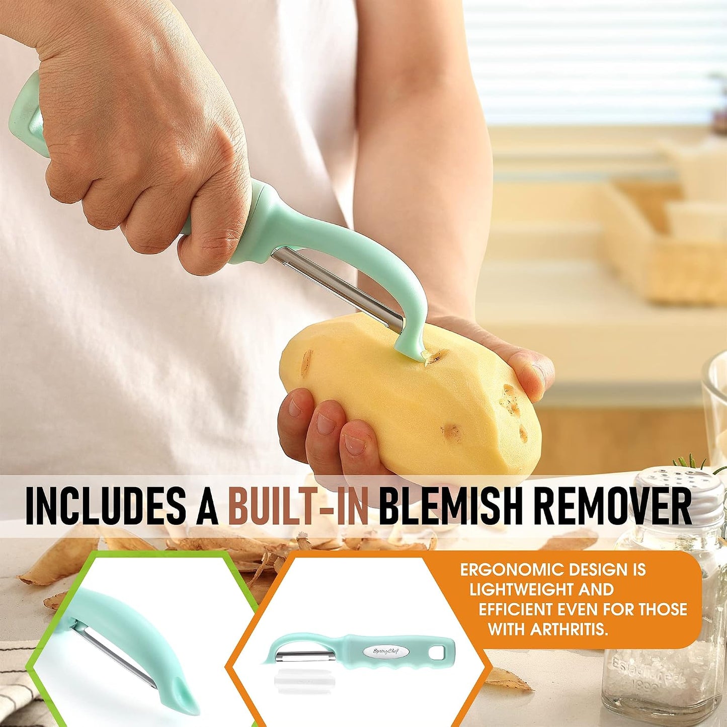 Spring Chef Swivel Potato Peeler for Kitchen w/ Soft Grip Handle, Mango | Premium Vegetable Peeler w/ Sharp Stainless Steel Blades, Multifunctional Food Peeler for Apple, Carrot, Cucumber, Fruit