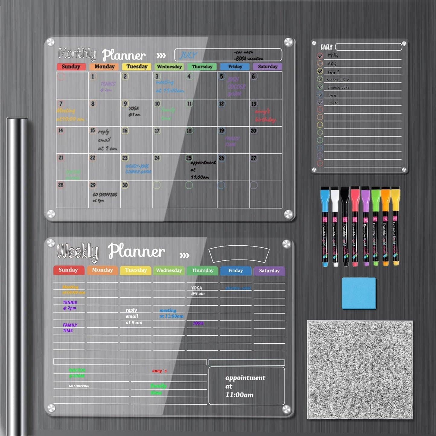 Hivillexun Magnetic Dry Erase Calendar Whiteboard Set (4-Pack) for Home and Kitchen, with Monthly and Weekly Views (16.5” x 11.8”), Magnetic Whiteboard and Daily Planners (12” x 8”) 8 Markers & Eraser