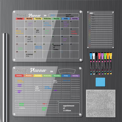 Hivillexun Magnetic Dry Erase Calendar Whiteboard Set (4-Pack) for Home and Kitchen, with Monthly and Weekly Views (16.5” x 11.8”), Magnetic Whiteboard and Daily Planners (12” x 8”) 8 Markers & Eraser