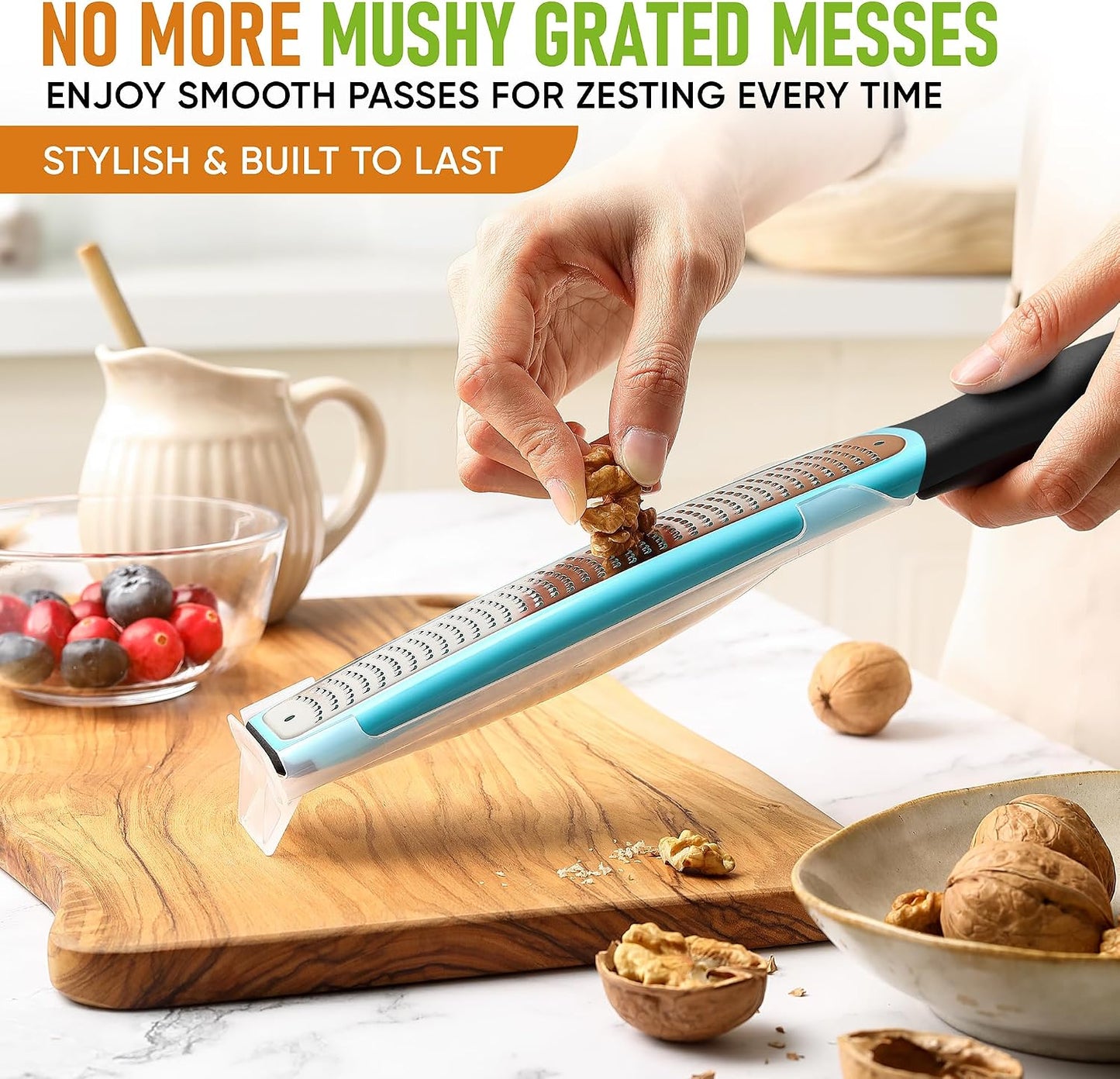 Spring Chef Stainless Steel Lemon Zester - Garlic & Ginger Grater - Gray | Premium Zester with Blade Cover, Cheese Grater with Handle for Parmesan, Nutmeg, Lime - Durable Citrus Zester, Fine Shred