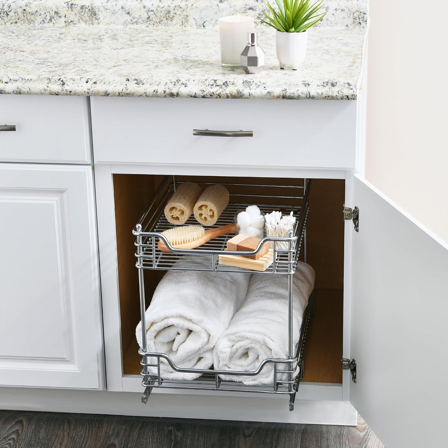 Household Essentials Glidez Multipurpose Chrome-Plated Steel Pull-Out/Slide-Out Storage Organizer for Cookware and Bakeware - 2-Tier Design - Fits Standard Size Cabinet or Shelf, Chrome