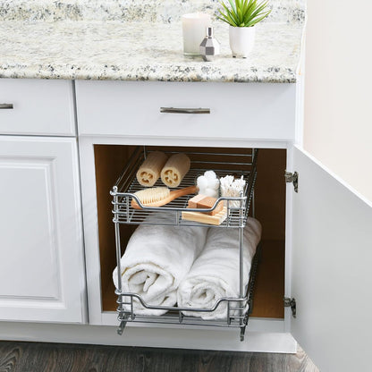 Household Essentials Glidez Multipurpose Chrome-Plated Steel Pull-Out/Slide-Out Storage Organizer for Cookware and Bakeware - 2-Tier Design - Fits Standard Size Cabinet or Shelf, Chrome
