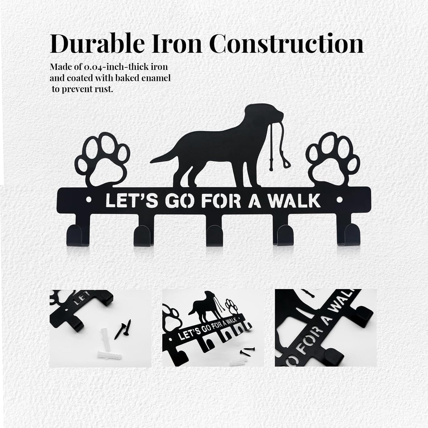 Dog Leash Holder for Wall, Key Holder Mount with 5 Metal Hooks, Pet Leash and Key Organizer, Screw Mounted Rack for Leashes Keys Collars, Entryway Garage Mudroom