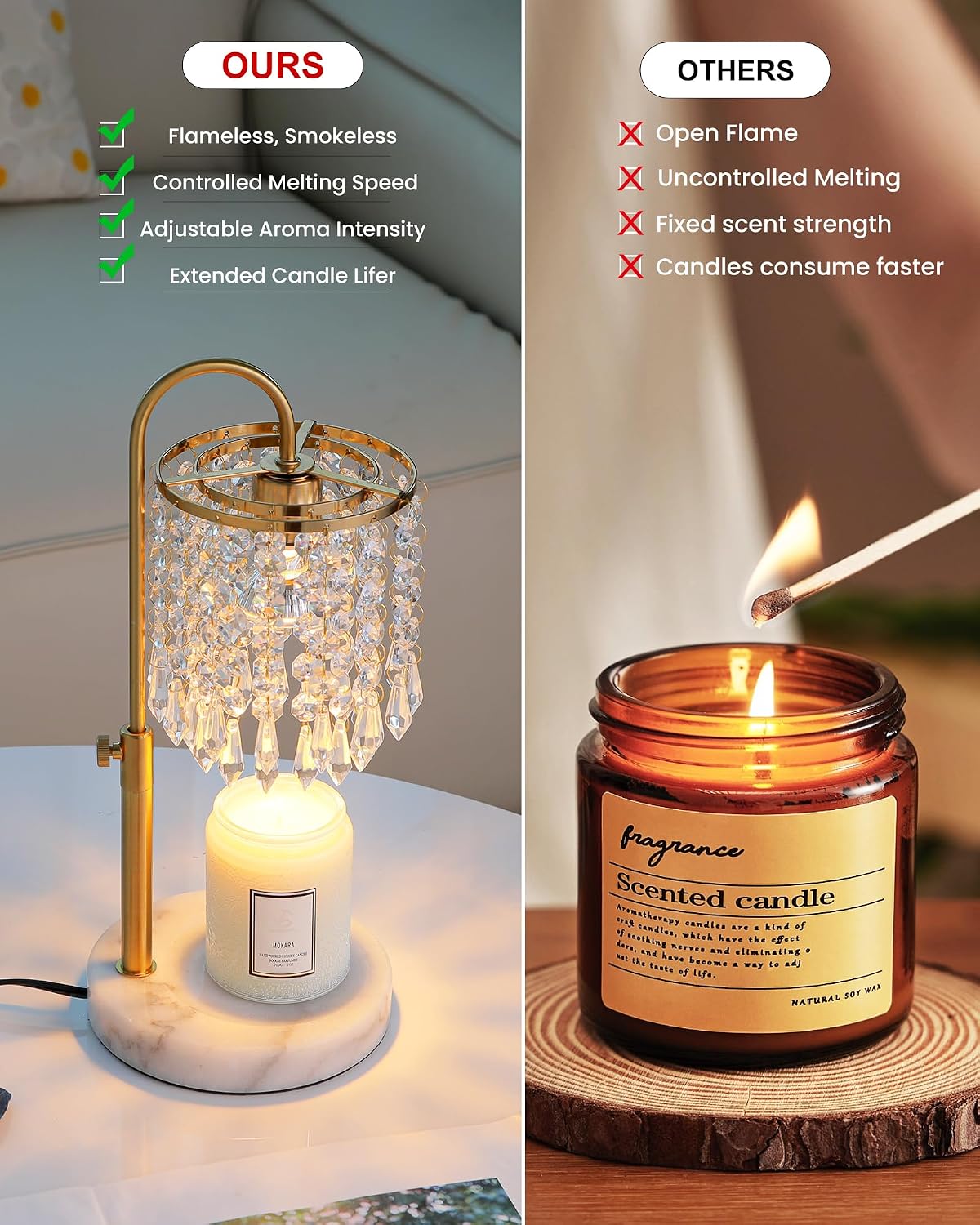 Candle Warmer Lamp with Timer Dimmer and 3 Bulbs, Candle Lamp Warmer with Marble Base for Adjustable Height, Crystal Candle Lamp for Jar Candles, House Warming Gifts Home Room Decor, Silver