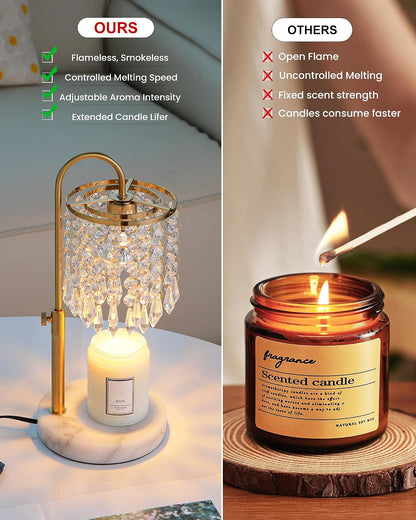 Candle Warmer Lamp with Timer Dimmer and 3 Bulbs, Candle Lamp Warmer with Marble Base for Adjustable Height, Crystal Candle Lamp for Jar Candles, House Warming Gifts Home Room Decor, Silver