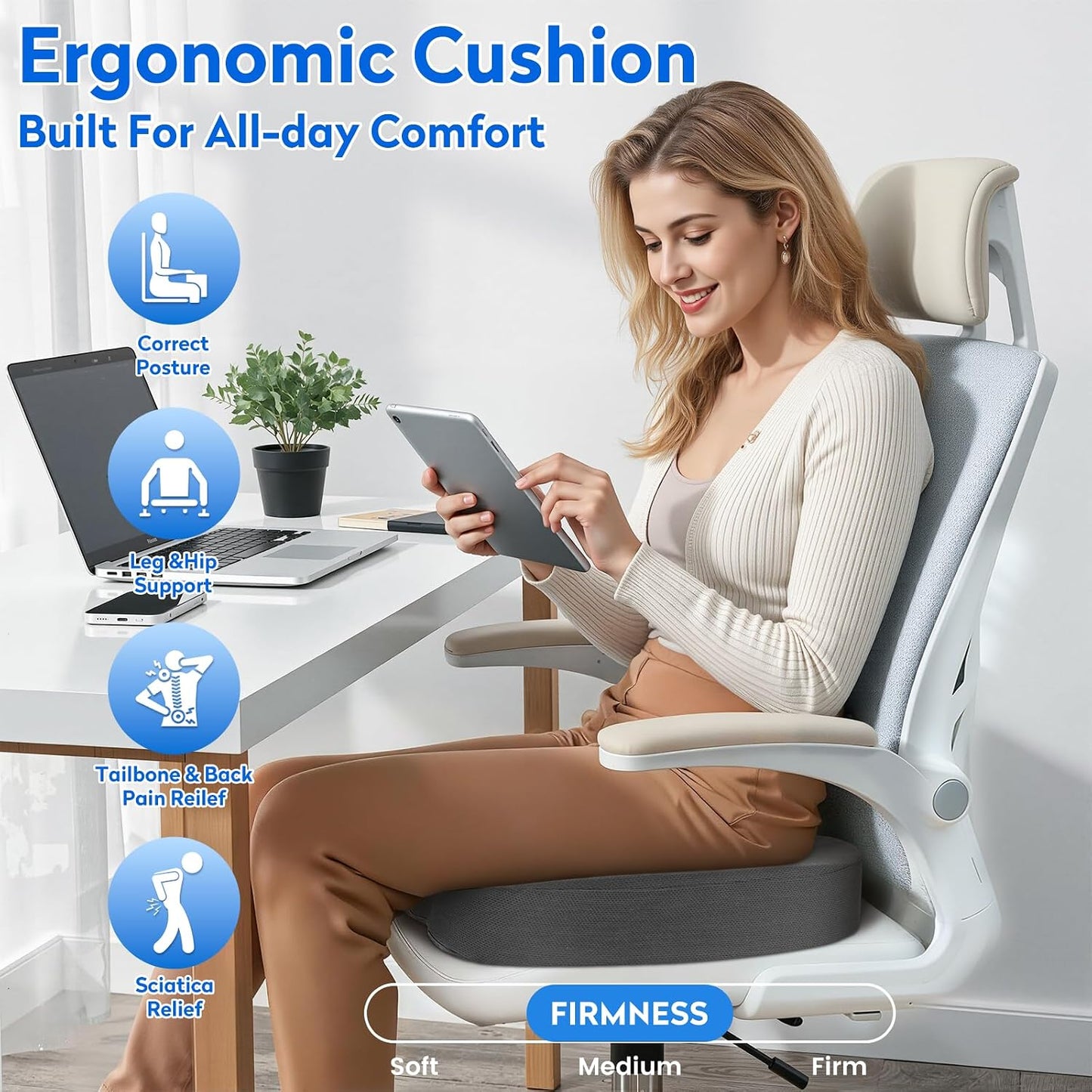 CushZone Seat Cushion Memory Foam Chair Pad for Office & Car, Black | Office Seat Cushion, Sciatica, Tailbone Back Pain Relief, Orthopedic Coccyx Pillow for Car, Pregnancy & Long Sitting at Work