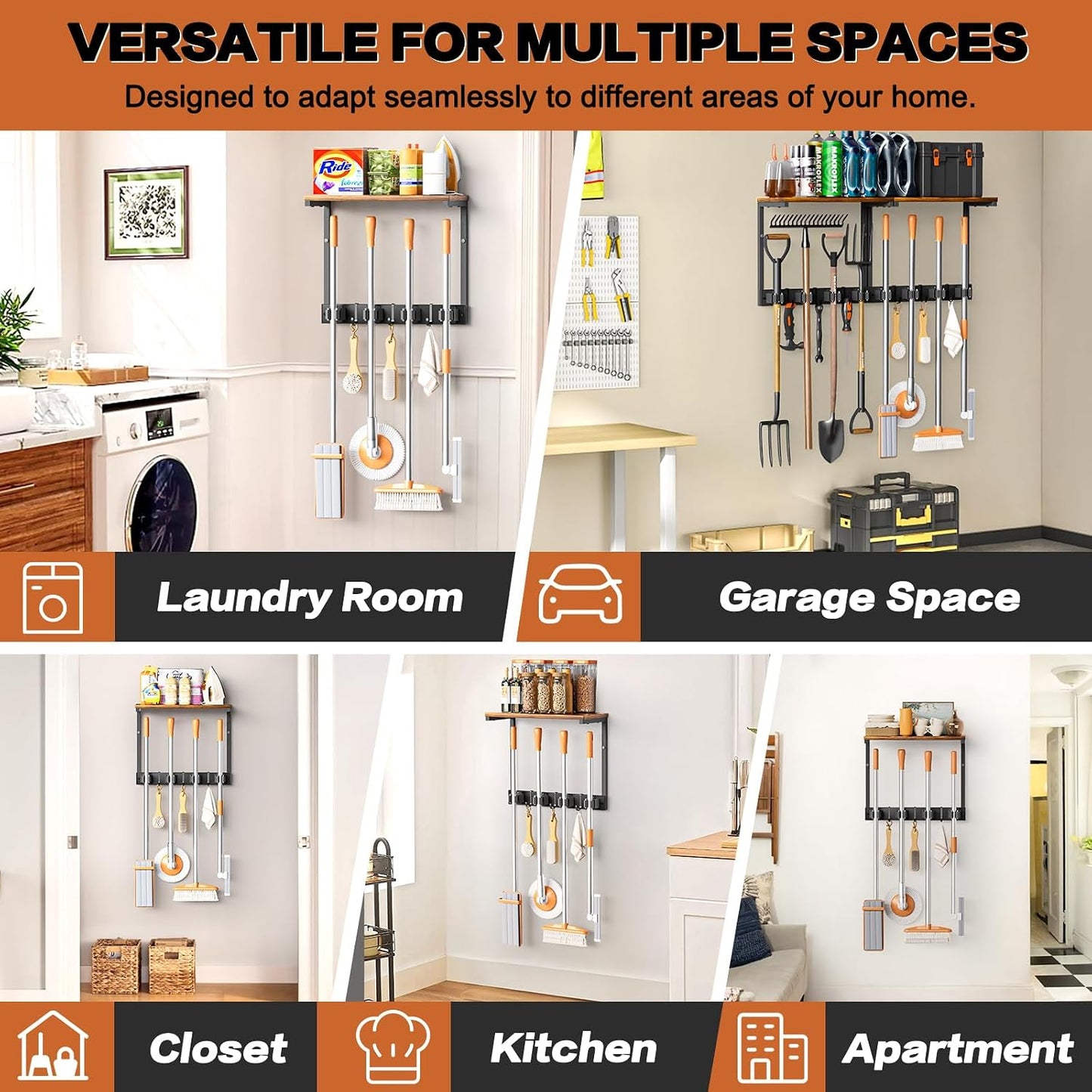 Broom Holder Wall Mount with Cleaning Supplies Organizer, Laundry Room Organization and Storage Shelves with Mop Hanger Rack Gripper Hooks, Utility Shelf Closet Organizer for Home Garage Kitchen
