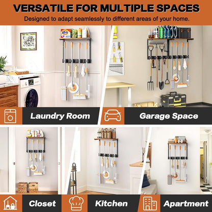 Broom Holder Wall Mount with Cleaning Supplies Organizer, Laundry Room Organization and Storage Shelves with Mop Hanger Rack Gripper Hooks, Utility Shelf Closet Organizer for Home Garage Kitchen