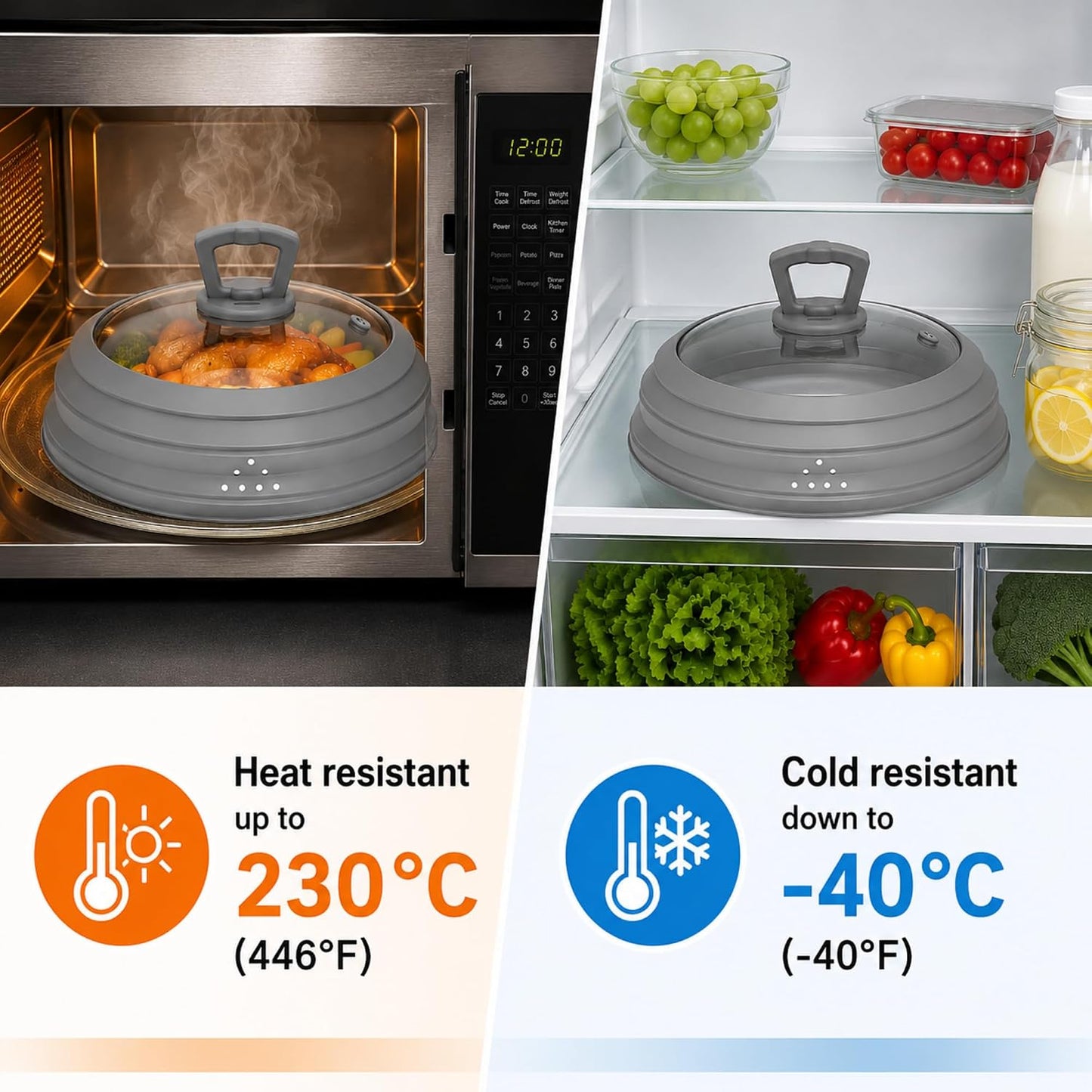 Collapsible Microwave Splatter Cover, Vented Glass Silicone Lid with Heat resistant Handle, Fit Plates Bowls Pots, Safe for Microwave Convection Oven Steamer Dishwasher（grey 11.8in）