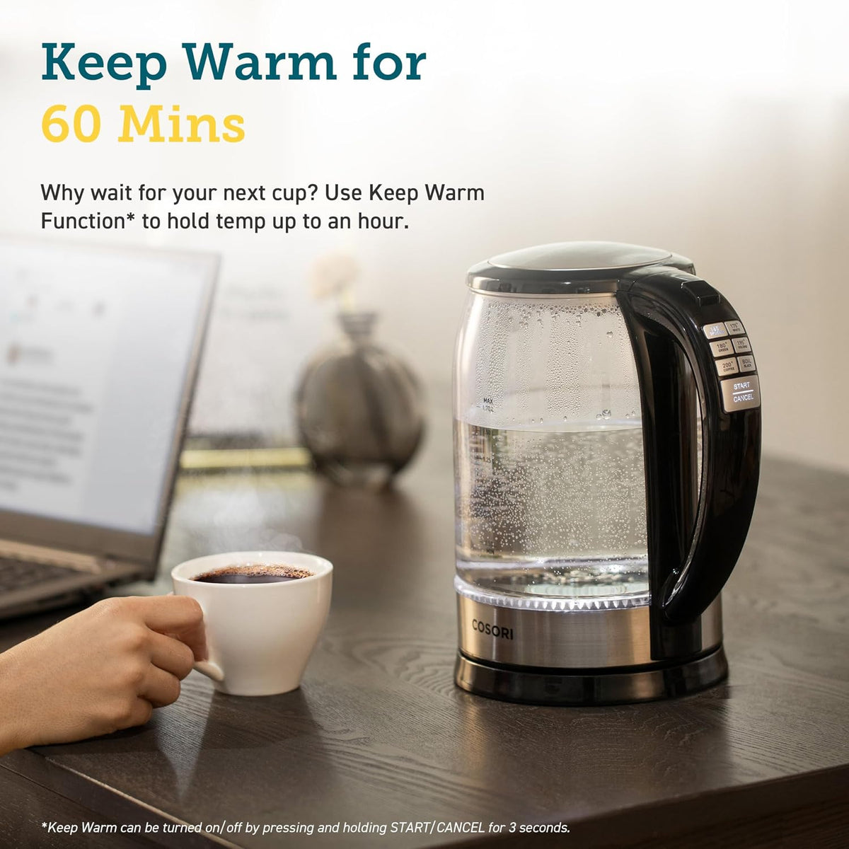 Cosori Electric Kettle, No Plastic Contact with Water, 1.7L, Black