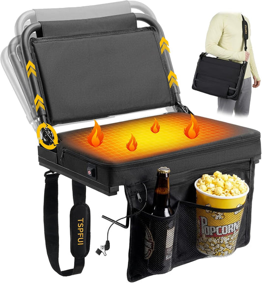 Heated Stadium Seat, Folding Chair with Back Support for Bleachers | 5-Position Adjustable Backrest, 16.5" Wide Seat, USB Heating Pad (Power Bank NOT Included), Supports 330 lbs, Carry Strap