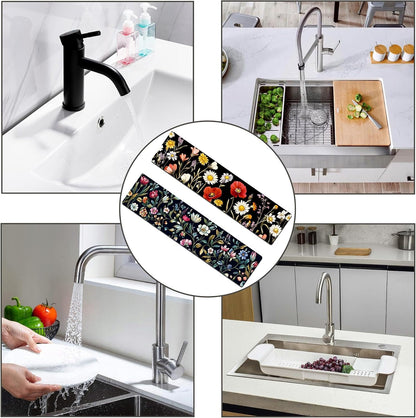 Bimkole 2 PCS Faucet Absorbent Mat, Kitchen Faucet Sink Splash Guard Wraparound Cloth Pads Drip Catcher for Sink Faucet for Kitchen Bathroom Faucet, Colorful Faucet Mat, 15 x 4 Inch Flower A6