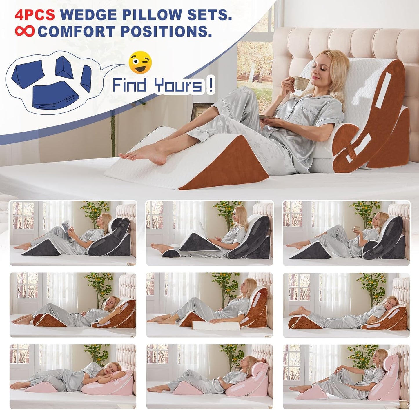 4PCS Orthopedic Bed Wedge Pillow Set for Sleeping, Post Surgery Foam Support Pillows for Back, Neck and Leg Pain Relief, Adjustable Triangle Pillow – Acid Reflux, GERD & Snoring Recovery, White Grey