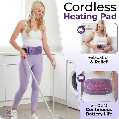 Cordless Wearable Heating Pad with Massager for Back Pain Relief, Wireless Rechargeable Portable Heat Belt for Period Cramps, Postpartum Recovery and Lower Back Comfort