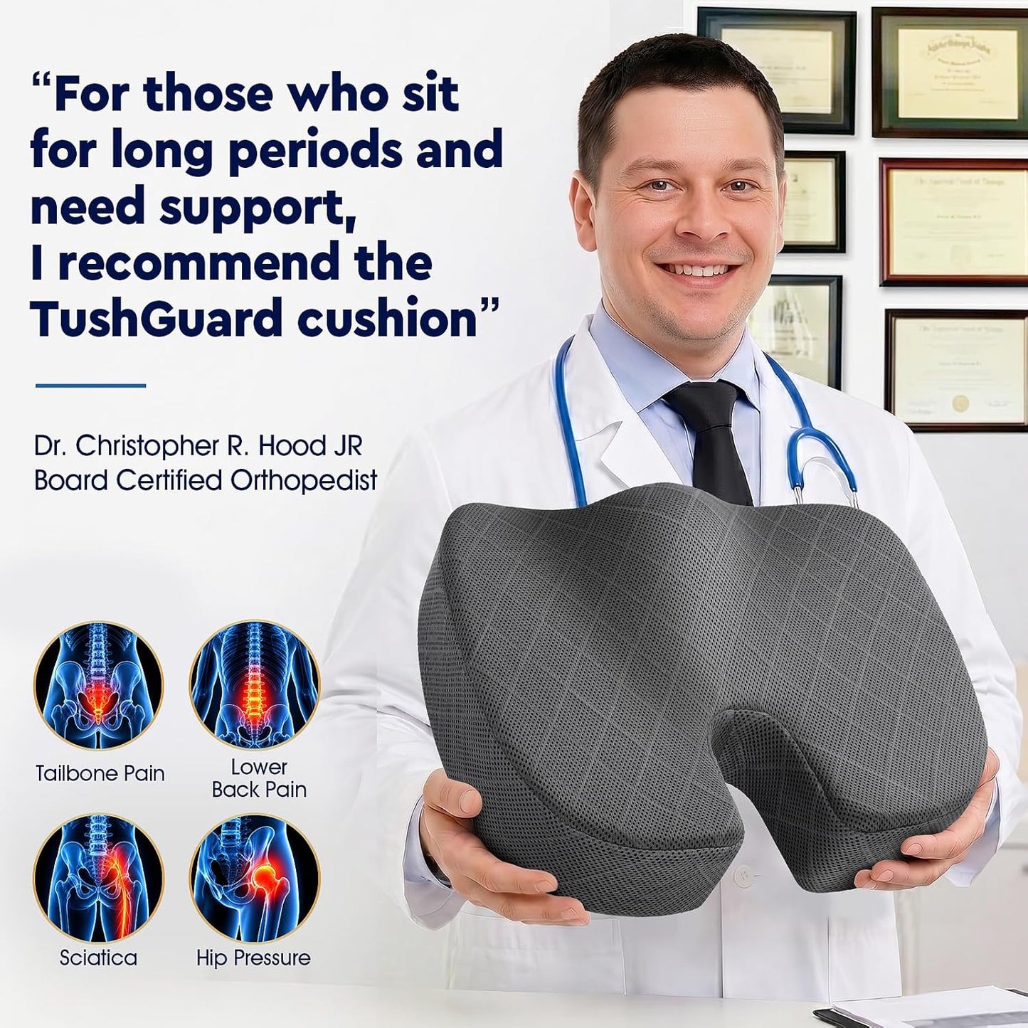 TushGuard Office/ Car Seat Cushion, Non-Slip Sciatica & Back Coccyx Tailbone Pain Relief Chair Pad, Memory Foam Butt Pillow for Computer Desk, Wheelchair, Driving (Black)