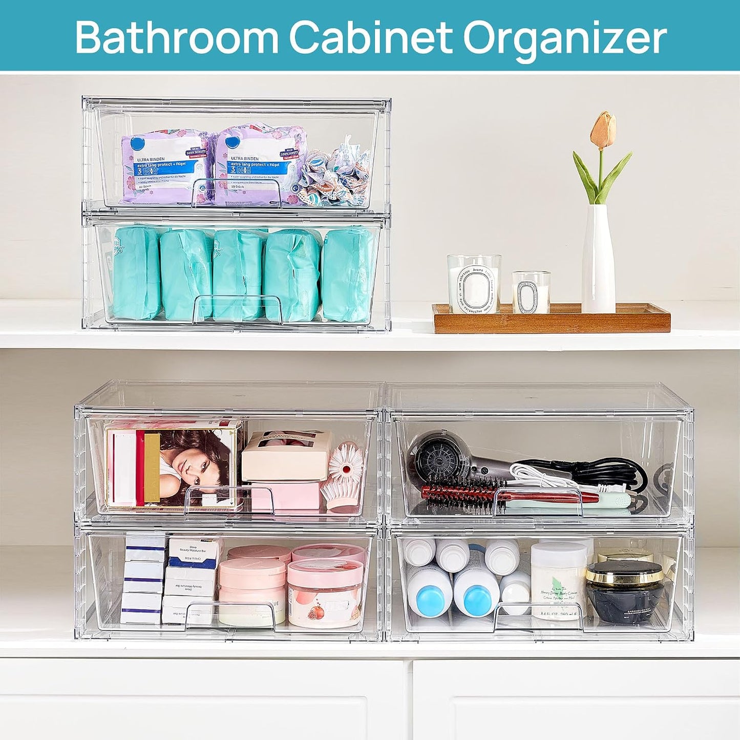 Vtopmart 2 Pack Large Clear Stackable Storage Drawers for Closet, Pantry | Easily Assemble Bathroom Undersink Organizers,Plastic Storage Bins for Cabinet,Kitchen Pantry Organization