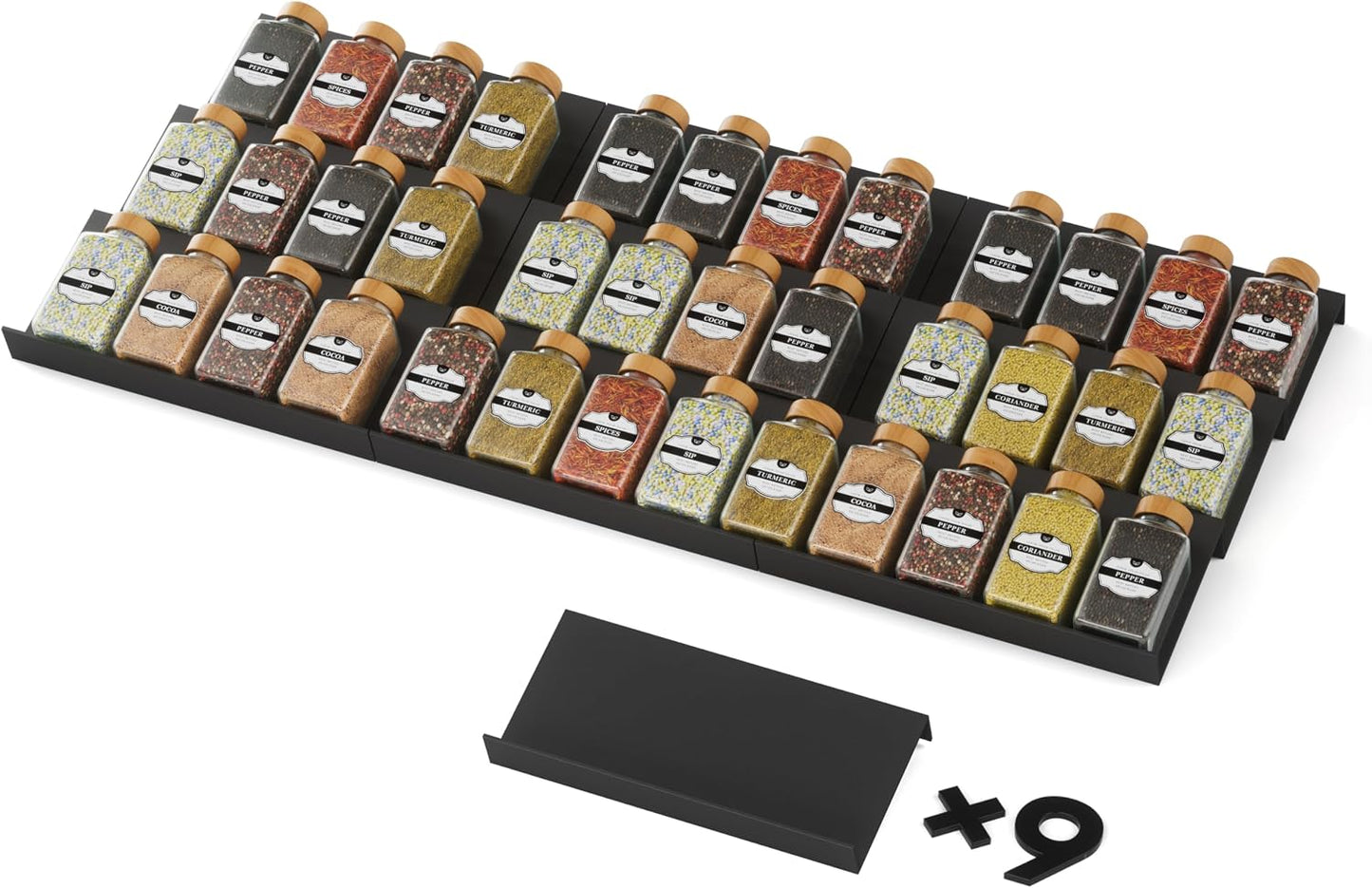 Spice Drawer Organizer, Spice Rack Tray for Kitchen Cabinet, Expandable Seasoning Storage Rack Insert for Drawer/Countertop,9 Pieces Set, Aluminum (Jars Not Included)