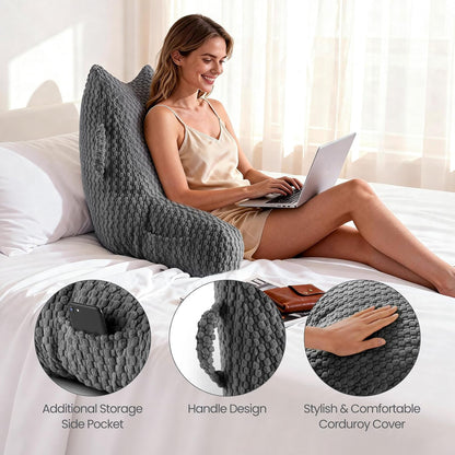 Standard Reading Pillow for Bed Sitting Up, Backrest Pillow with Shredded Memory Foam Filling, Back Support Cushion, Bed Rest Pillow with Arms, Pockets and Washable Cover-Grey