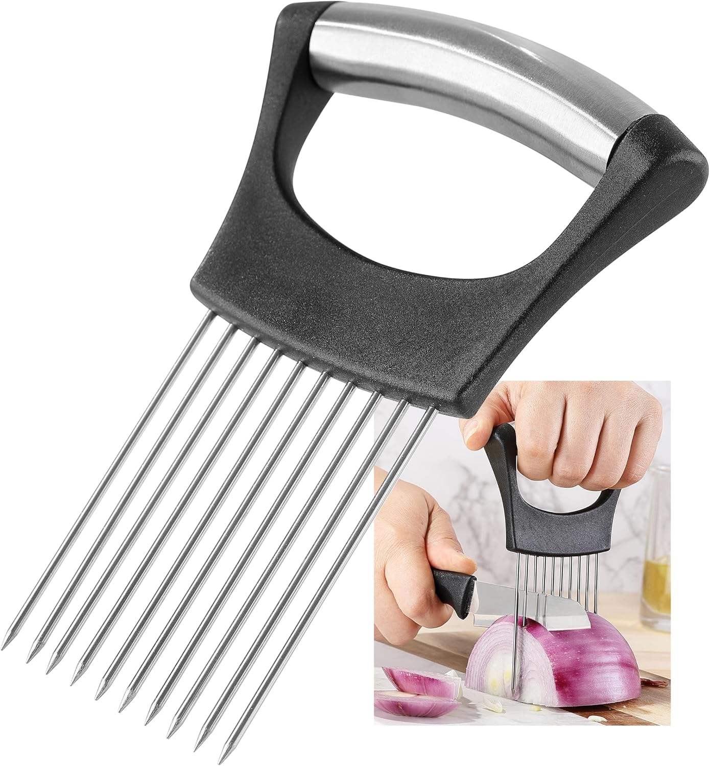 Onion Slicer, Mumulo Stainless Steel Onion Cutter for Slicing and Storage Onions, Tomato, Eggs and Vegetables, Protective Cover Included, Dishwasher Safe (Black)