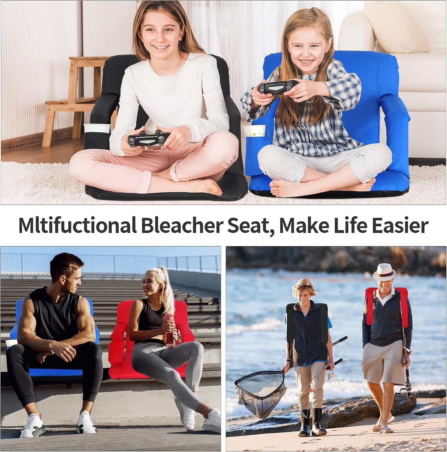 LEMY 20.5"/ 25" Wide Adjustable Stadium Seat for Bleachers Portable Water Resistant Stadium Chair with Back/Arms/Cushion for Outdoor or Indoor