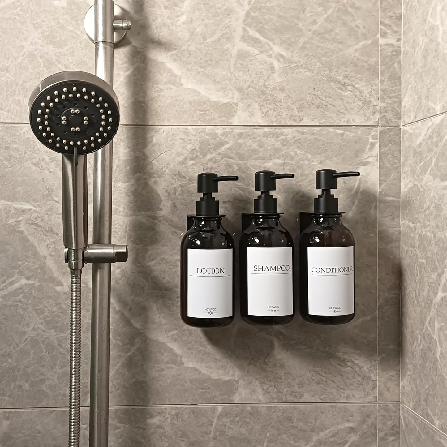 3 Pack Wall Mount Shower Dispenser, No Drill, 16 Waterproof Labels | Shampoo Dispenser for Shower Wall, Shampoo and Conditioner Dispenser, Bathroom, 17oz, Gold Amber