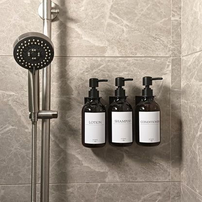 3 Pack Wall Mount Shower Dispenser, No Drill, 16 Waterproof Labels | Shampoo Dispenser for Shower Wall, Shampoo and Conditioner Dispenser, Bathroom, 17oz, Gold Amber