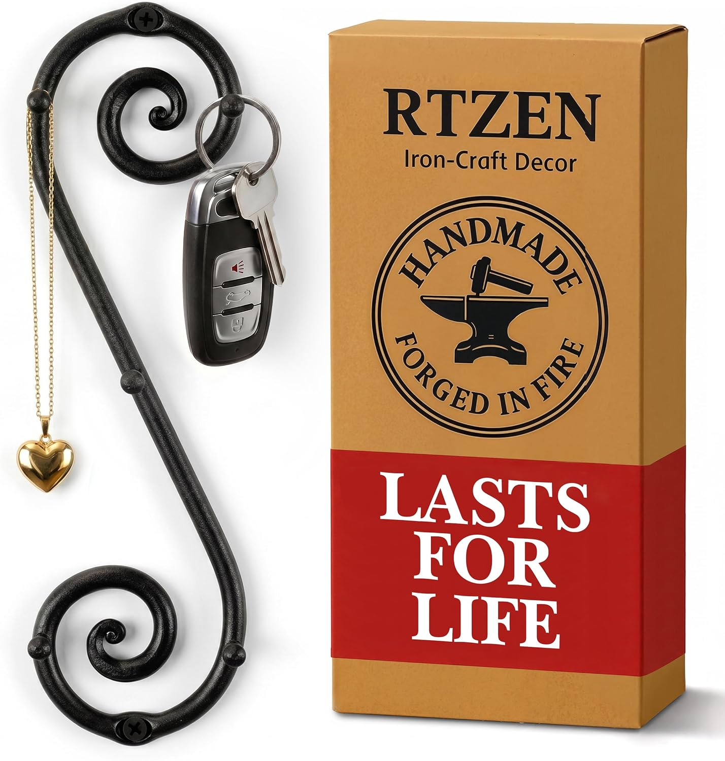 Farmhouse Small Key Holder for Wall, Wrought Iron Wall Mount Rack | Handcrafted Swirl Decorative, 5 Key Hooks for Home Entryway, Purse, Coat and Leash Holder or Organizer (Classic Black)