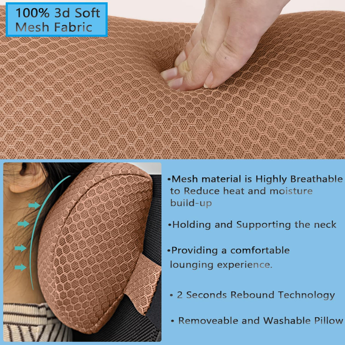 1 Pack Headrest Pillow for Patio Chaise Lounge,Recliner,Beach Chair,Gray | Resilient 3D mesh pillow with removable washable cover, adjustable elastic strap, ergonomic support, lightweight portable