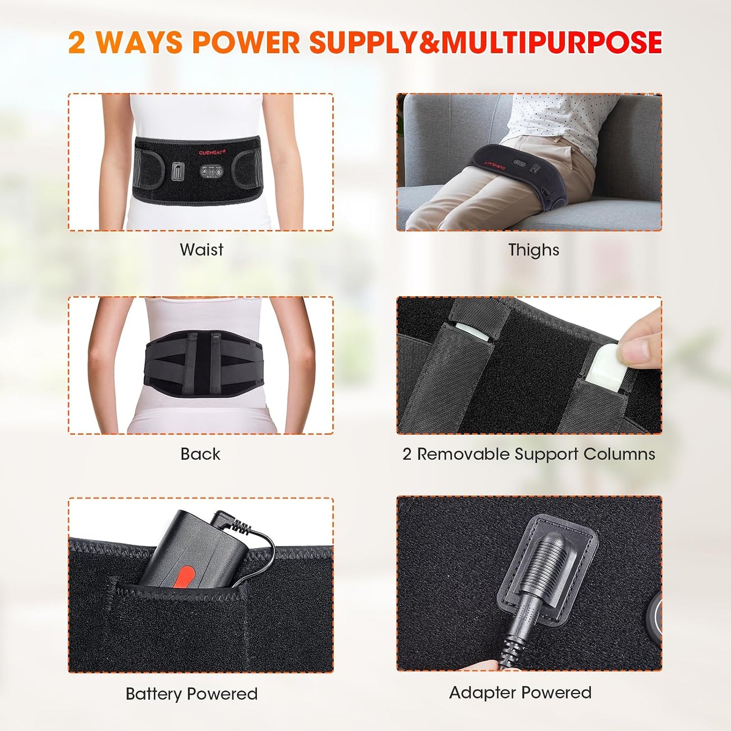 CUEHEAT Heated Waist Belt with Massage - Cordless Lower Back Heating Pad | 3 Heat Settings, 3 Vibration Modes, 7.AV Rechargeable Battery, Adjustable Fit for Wearable Lower Back Warmth