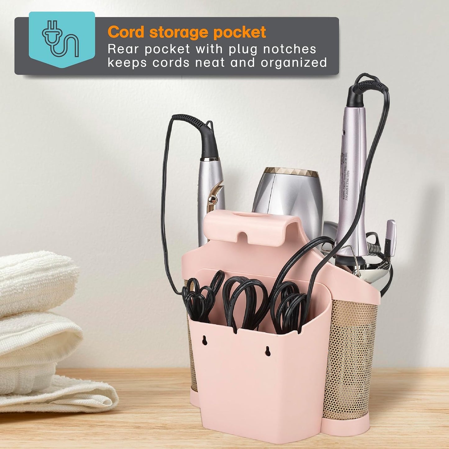 Polder Style Station, Tool Organizer for Hair Dryer, Curling Iron, and Straightener, Easy-to-Store Hair Styling Station, White and Silver