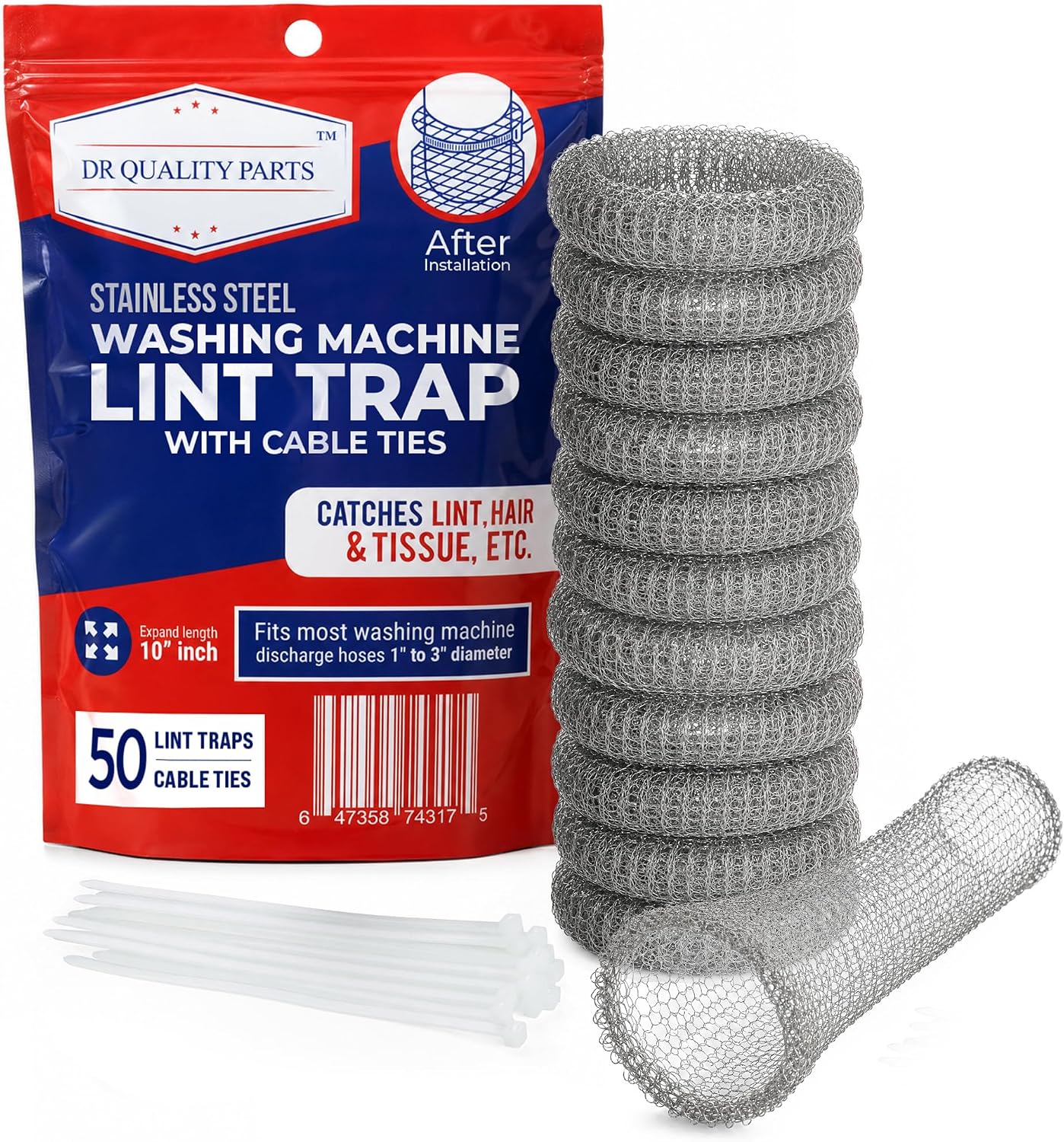 Washing Machine Lint Trap Stainless Steel 12-Pack | 29cmx6.5cm, Hose Filter, Mesh Drain Catcher, Washer Sock Remover, Rust-Free Snare Laundry Filter with Nylon Cable Ties