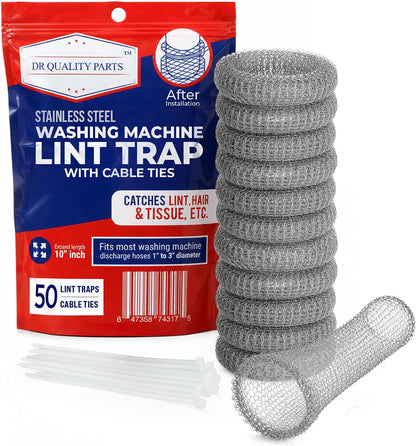 Washing Machine Lint Trap Stainless Steel 12-Pack | 29cmx6.5cm, Hose Filter, Mesh Drain Catcher, Washer Sock Remover, Rust-Free Snare Laundry Filter with Nylon Cable Ties