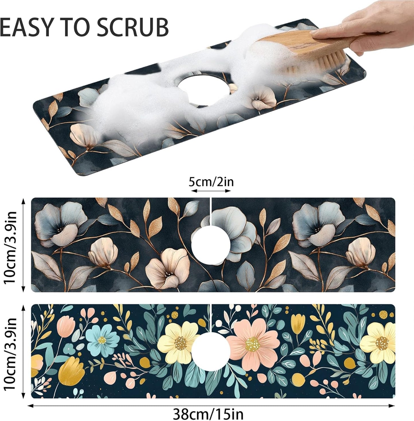 Bimkole 2 PCS Faucet Absorbent Mat, Kitchen Faucet Sink Splash Guard Wraparound Cloth Pads Drip Catcher for Sink Faucet for Kitchen Bathroom Faucet, Colorful Faucet Mat, 15 x 4 Inch Flower A6