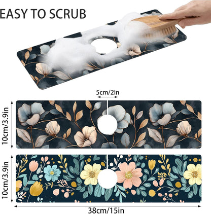 Bimkole 2 PCS Faucet Absorbent Mat, Kitchen Faucet Sink Splash Guard Wraparound Cloth Pads Drip Catcher for Sink Faucet for Kitchen Bathroom Faucet, Colorful Faucet Mat, 15 x 4 Inch Flower A6
