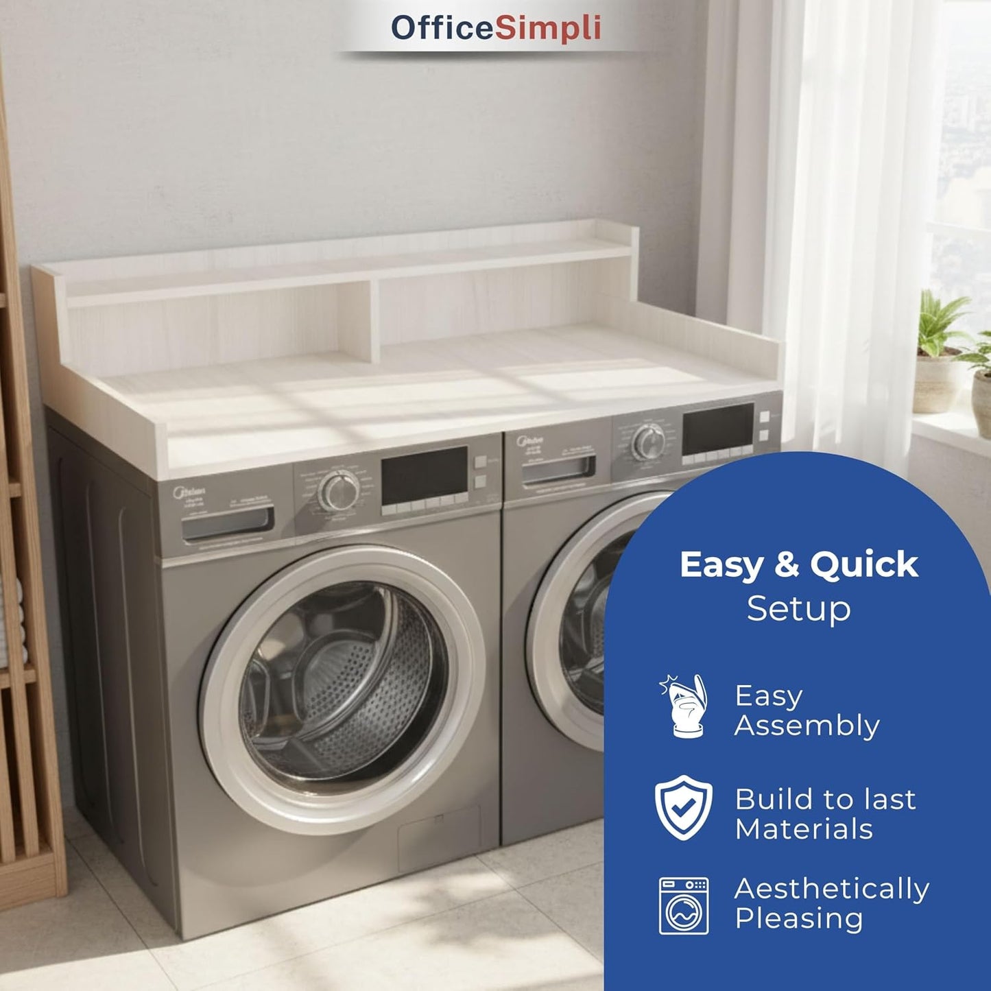 OfficeSimpli Washer Dryer Countertop, Shelf, Made in USA, 30x58 Rustic Oak | Non-slip pads stabilise the surface while the raised edge helps stop socks and supplies falling behind.