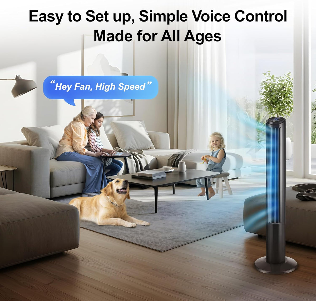 Emerson SmartVoice 40” Tower Fan, Wi-Fi-free Voice Control Fan, Hands-Free Cooling, No WiFi, No App, 70° Oscillation, 3 Speeds, 15-Hr Timer, Sleep Mode & Remote Control