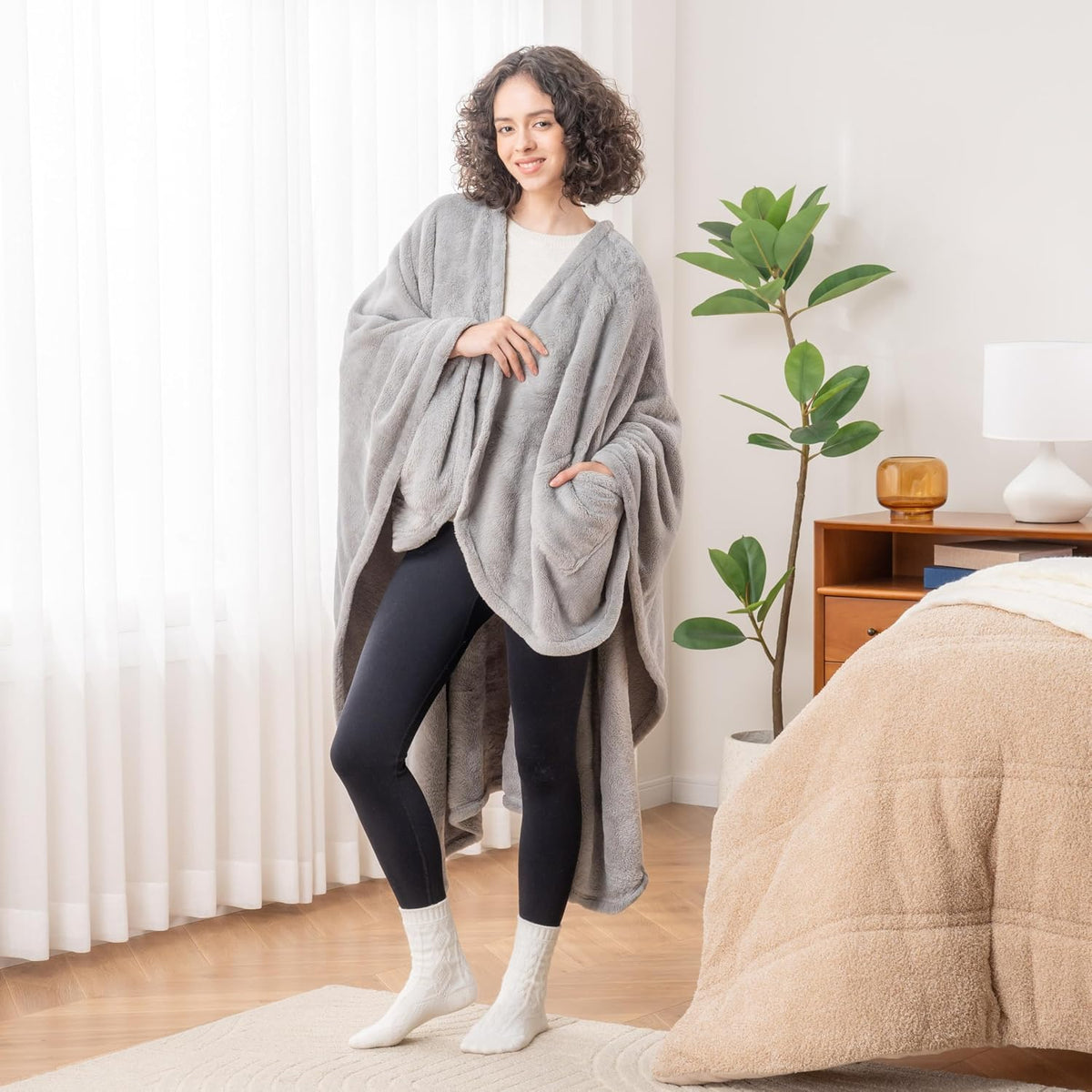 Berkshire Blanket Primalush™ Wearable Blanket, Cozy Loungewear Pocketed Plush Cape Wrap for Adults & Teens(Purple, One Size 58"X64")