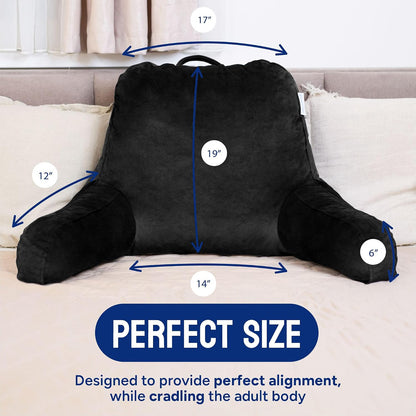 Reading Pillow for Bed with Arms Pockets for Adults, Large Grey | Bed Pillow for Sitting Up for Nursing, Breast Feeding, Bedrest or Relief from GERD or Heartburn; Removable, Washable Cover