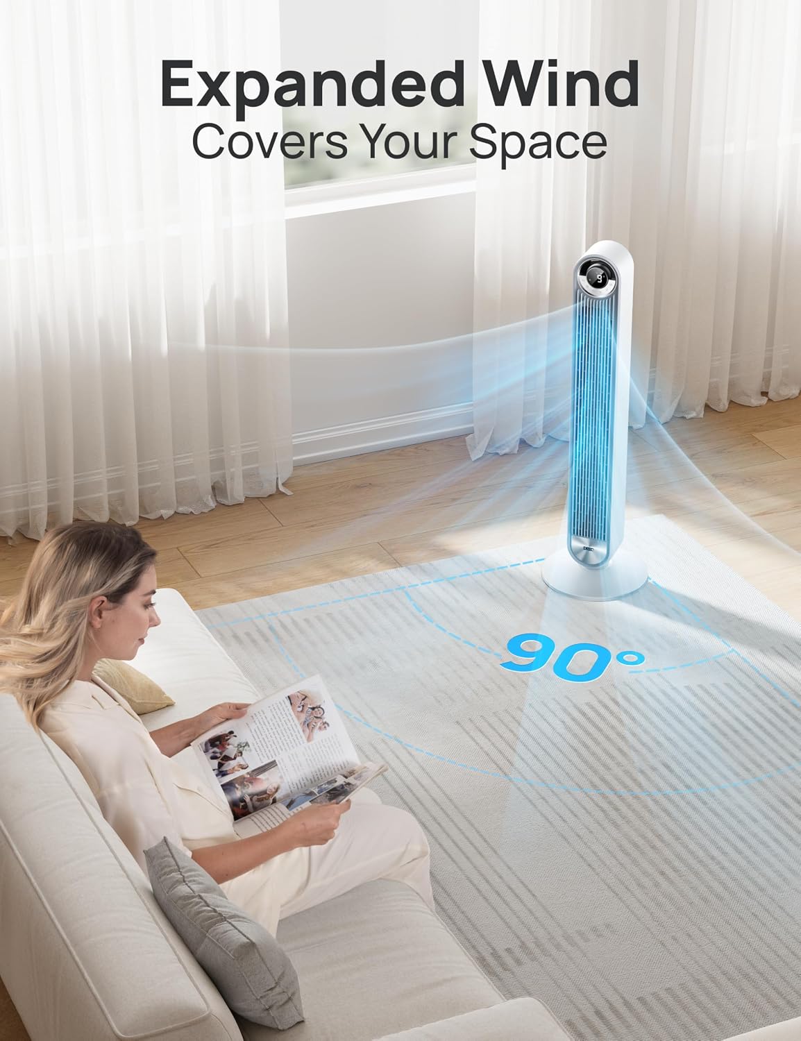 DREO Tower Fan for Bedroom, Upgraded DC 28ft/s Velocity, 9 Speeds